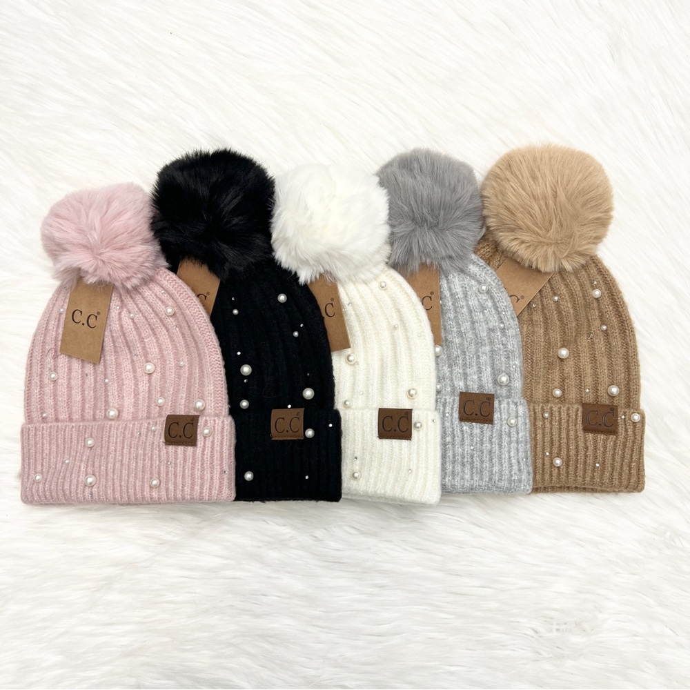 C.C Pearl Pom Beanie For Adults, CC Beanies, CC Pom Beanies, CC Winter Hat